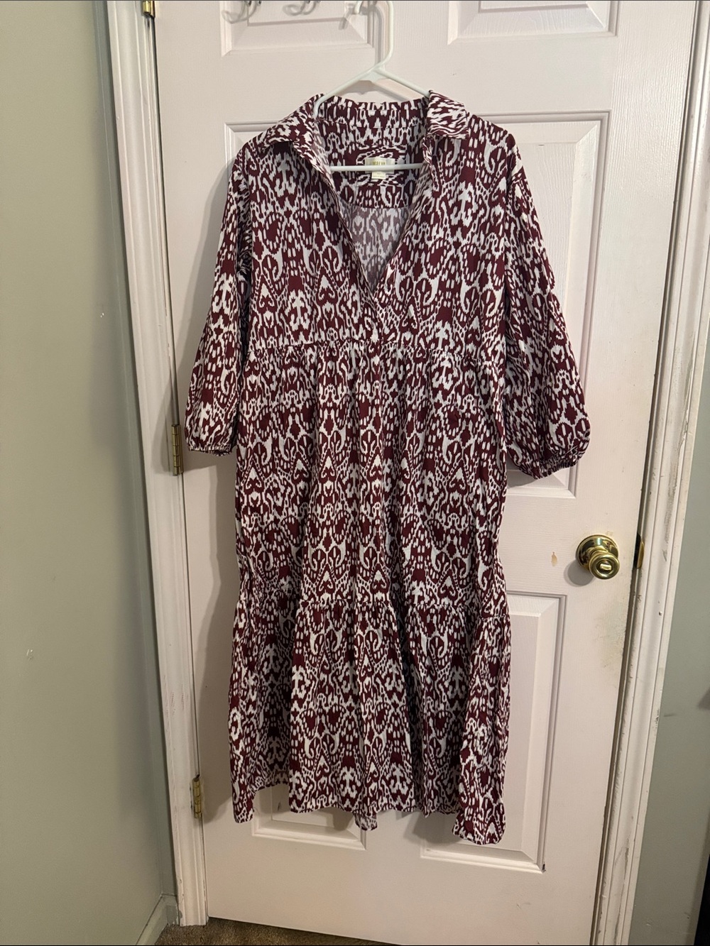 Maeve Burgundy and White Printed Midi Tiered Dress